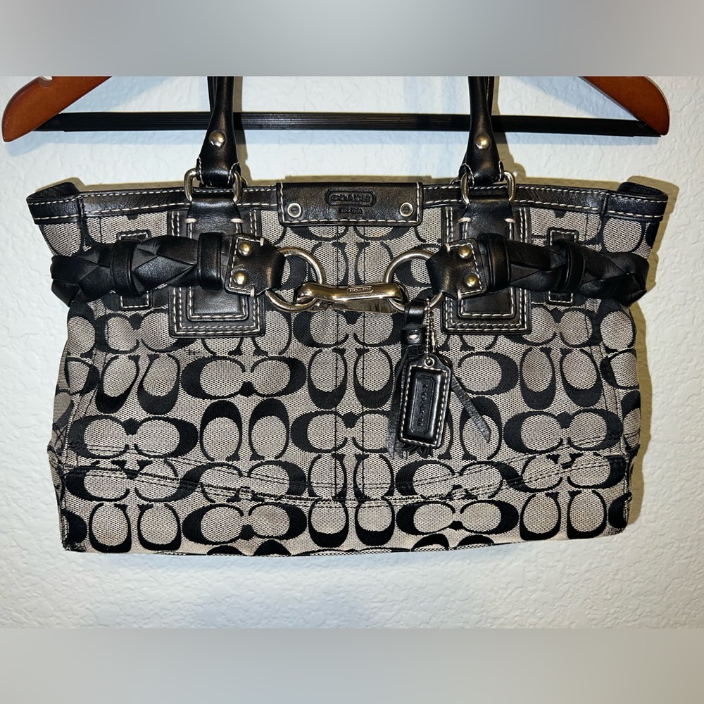 Coach Signature Logo Print Shoulder Handbag, In Black Color Logo,Canvas/Leather